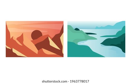 Beautiful Mountain Landscapes Set, Serenity Scenes of Nature, Poster, Card, Banner Design Element Cartoon Vector Illustration