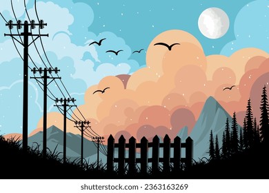 Beautiful Mountain Lanscape View. Electricity poles in rural areas