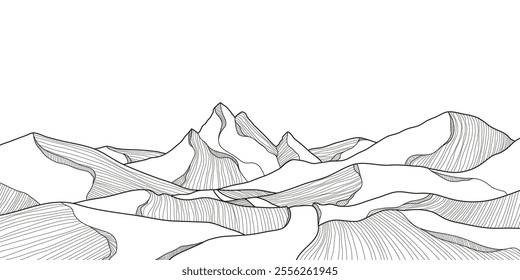 Beautiful Mountain Line Art Background. Scenic black and white landscape design for fabric, prints, and wall art. Simple line drawing of one line mountain.