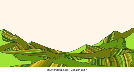 Beautiful Mountain Line Art Background. Scenic black and white landscape design for fabric, prints, and wall art. Simple line drawing of one line mountain.