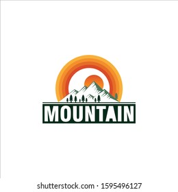 Beautiful Mountain logo, hill landscape design vector outdoor park with sunset 