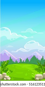 Beautiful mountain meadow landscape. Vector cartoon outdoor illustration. Sunny day background for game design. Vertical design for mobile phone screen.