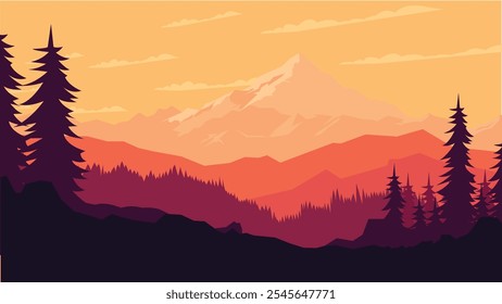Beautiful Mountain Nature Landscape with Pine Fir Tree in the Forest at Sunset Sunrise