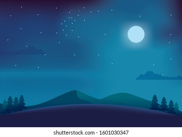 Beautiful mountain night landscape with some pine trees, starry sky and moonlight vector illustration suitable for background too 