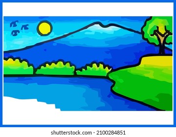 a beautiful mountain painting accompanied by a bright sunrise and clear water river and fresh green towering trees