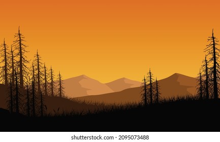 Beautiful mountain panorama at dusk with the aesthetic silhouette of the surrounding pine trees. Vector illustration of a city