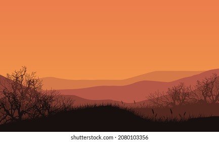Beautiful mountain panorama at dusk with the silhouette of dry trees around it. Vector illustration of a city