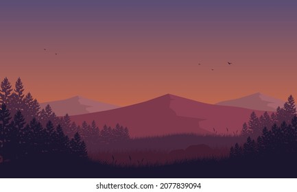 Beautiful mountain panorama in the evening from the suburb with the silhouette of pine trees around it. Vector illustration of a city