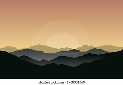 Beautiful Mountain Panorama Landscape in Golden Monochrome Flat Illustration