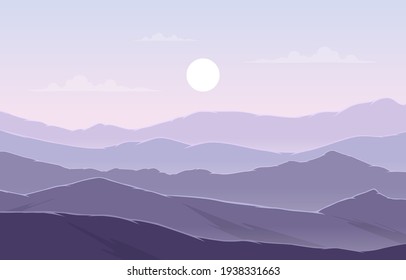 Beautiful Mountain Panorama Landscape in Purple Monochrome Flat Illustration