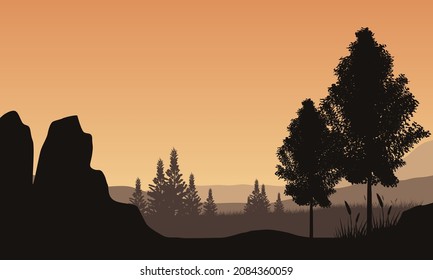 Beautiful mountain panorama from the out of the city at dusk with an aesthetically pleasing silhouette of trees. Vector illustration of a city