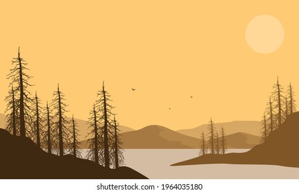 Beautiful mountain panorama from the riverbank at sunset in the afternoon. Vector illustration of a city