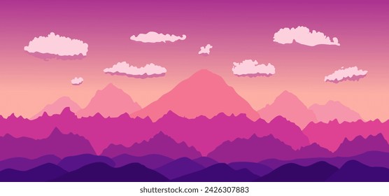 Beautiful mountain panoramic vector landscape. Layers of mountains. Outdoor pink sunrise background, Argentina landscape.