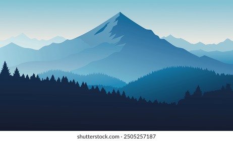 Hermosa cordillera con imponentes picos y árboles densos, que ilustran la grandeza de la Ilustración vectorial plana natural.