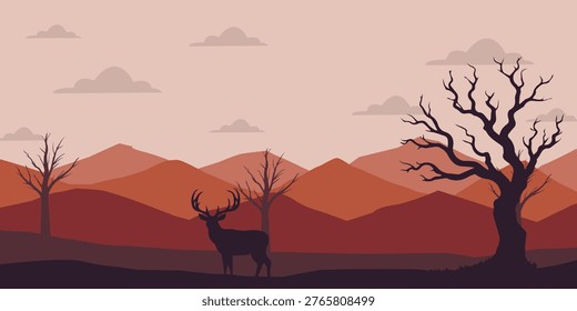 Beautiful mountain range silhouette with a stag in the foreground, minimalist nature background in warm tones.
