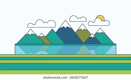 Beautiful mountain range with white snow peaks, floating clouds, and a bright sun reflecting on a calm water surface.