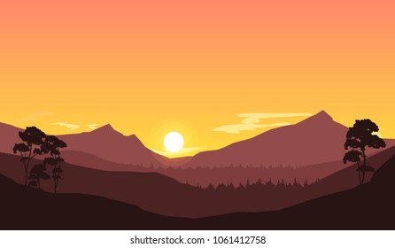 beautiful mountain ranges under sunset sky and pine forest beneath, vector nature landscape