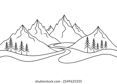 Beautiful Mountain River at the Capilano Park Continuous line art flat vector illustration on white background.