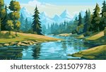 Beautiful mountain river scenery with clear still water, mountain ridge, dense forest, meadow shores and tall pine trees in the foreground. 