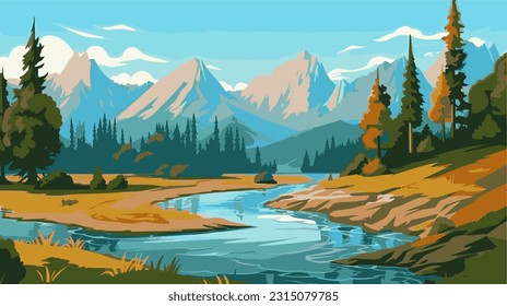 Beautiful mountain river scenery with clear still water, mountain ridge, dense forest, meadow shores and tall pine trees in the foreground. 