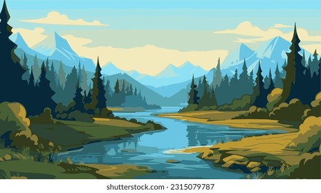 Beautiful mountain river scenery with clear still water, mountain ridge, dense forest, meadow shores and tall pine trees in the foreground. 