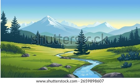 Beautiful mountain river scenery with clear water, mountain ridge, dense forest, meadow. Vector illustration