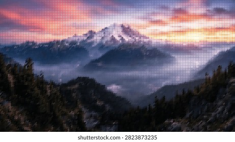 Beautiful mountain scene at daybreak with thick mist covering valley and bright sun illuminating high snowy peaks area.