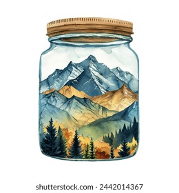 beautiful mountain scene in jar vector illustration in watercolour style