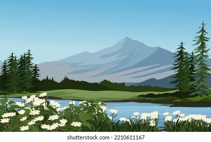 Beautiful mountain scenery with flowers, river and forest. Vector nature landscape