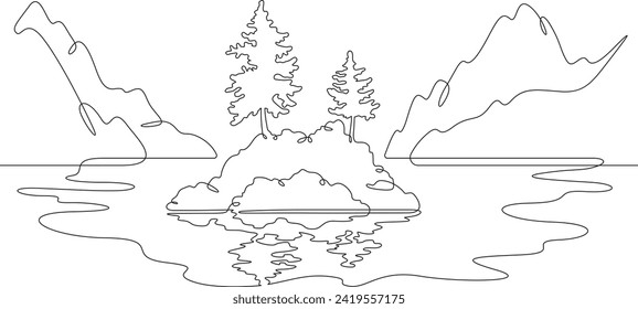 Beautiful mountain scenery. Mountain lake on a background of mountains. Trees on a rock island. Reflection in water . Forest landscape.One continuous line drawing. Linear. Hand drawn, white background