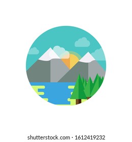 Beautiful mountain scenery vector image. Logo design, nature landscape, natural scene icon in geometric round shaped design.