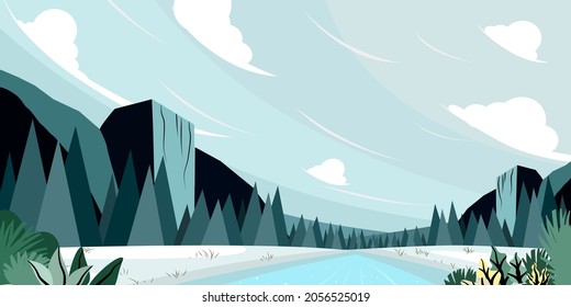 Beautiful mountain stone landscape with a forest, sky, river. Majestic Nature Background, Banner, Poster. Vector illustration.
