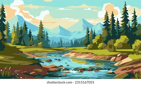 Beautiful mountain strem river scenery with clear still water, mountain ridge, dense forest, meadow shores and tall pine trees in the foreground. 