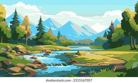 Beautiful mountain strem river scenery with clear still water, mountain ridge, dense forest, meadow shores and tall pine trees in the foreground. 