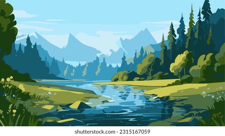 Beautiful mountain strem river scenery with clear still water, mountain ridge, dense forest, meadow shores and tall pine trees in the foreground. 