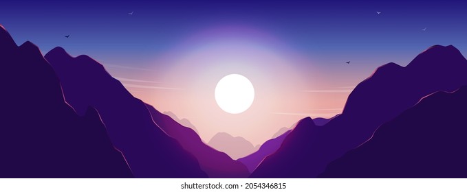 Beautiful mountain with sun background - View of mountains with sunrise in blue and purple colours. Vector illustration.