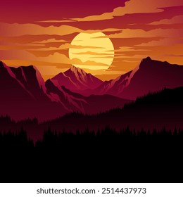 Beautiful mountain sunset landascape illustration