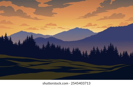Beautiful mountain sunset landscape with forest silhouette