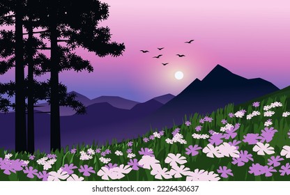 Beautiful mountain sunset panorama with trees and flowers