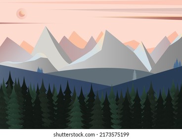 The beautiful mountain sunset with summer pine forest