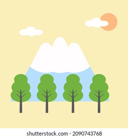 Beautiful mountain with trees, white clouds and sun shining from behind. Nature produce oxygen for the earth, creates fresh air. (forests, outdoors, landscape background)