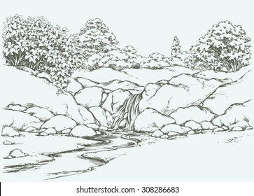 Beautiful mountain trickle drop down gurgling seethe mount scar knoll and lush shrubs  Vector freehand ink drawn backdrop sketch view in art doddle style pen paper and space for text sky