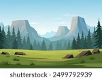 Beautiful mountain valley. Amazing landscape overlooking a mountain valley against the backdrop of a beautiful forest, green meadow and blue sky with clouds. High cliffs. Natural Park.