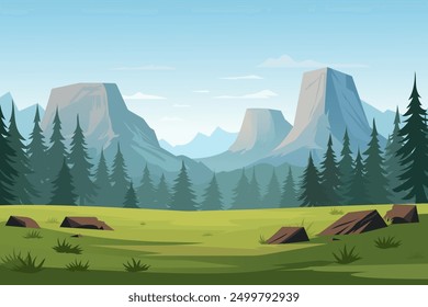 Beautiful mountain valley. Amazing landscape overlooking a mountain valley against the backdrop of a beautiful forest, green meadow and blue sky with clouds. High cliffs. Natural Park.