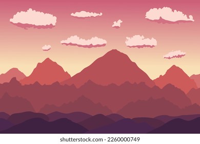Beautiful mountain vector landscape. Layers of mountains. Outdoor sunset background, Canada landscape.