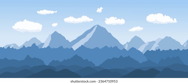 Schöne Berg-Vektorlandschaft. Ebenen der Berge. Außenblauer Hintergrund, Alaska-Landschaft.
