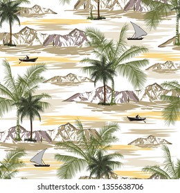 Beautiful mountain vector seamless pattern background with coconut palm trees