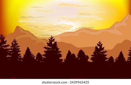 Beautiful mountain view in the afternoon from the forest, with sunlight packing in the sky, with clouds and vine forest, Vector illustration, illustration background