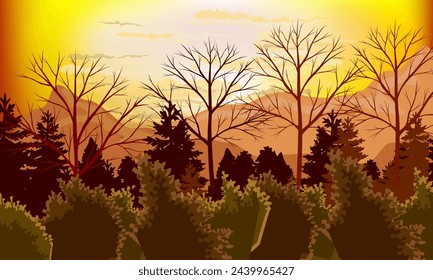 Beautiful mountain view in the afternoon from the forest, with sunlight packing in the sky, with clouds and vine forest, Vector illustration, illustration background