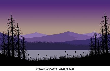A beautiful mountain view by the river with the aesthetic silhouette of pine trees